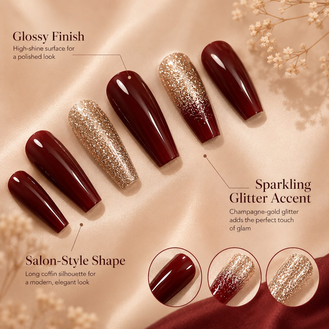 Close-up detail of glossy burgundy press-on nails with champagne gold glitter accents and long coffin shape