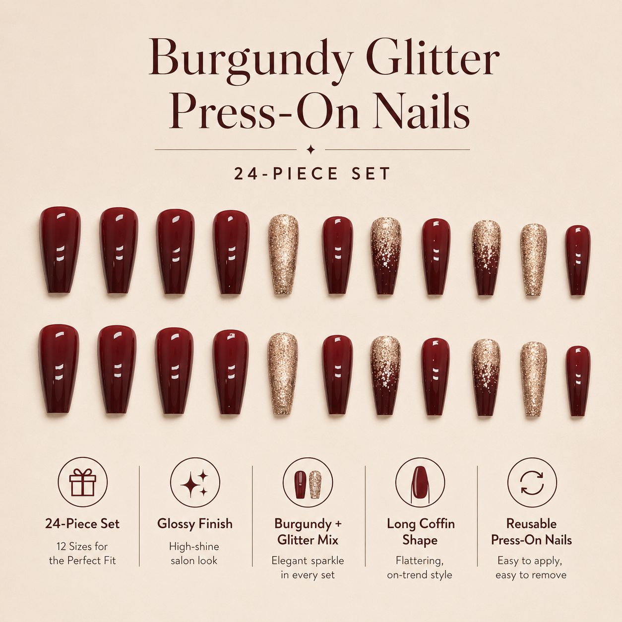 24 piece burgundy glitter press-on nails set with glossy finish, long coffin shape, multiple sizes and reusable design