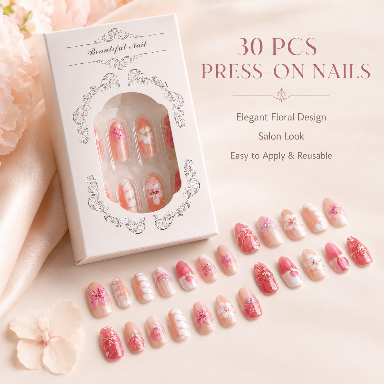 Elegant floral press-on nails displayed with a white packaging box, featuring pink, nude and coral nail tips with flower, butterfly and glossy salon-style designs.