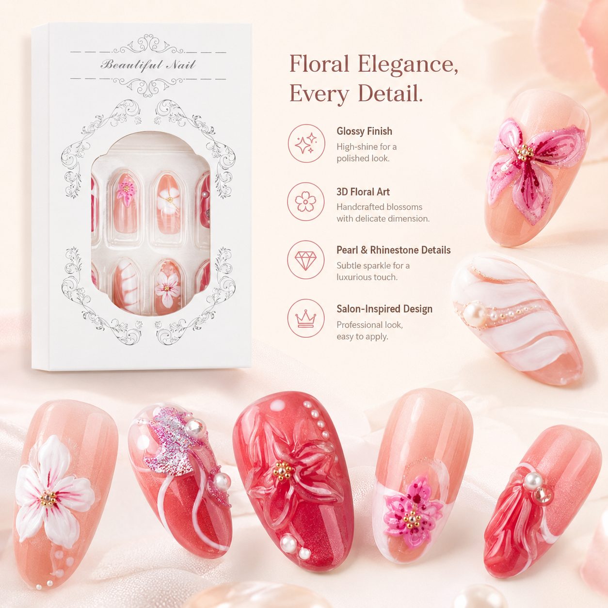 Close-up detail of floral press-on nails with glossy finish, 3D flower art, pearl and rhinestone accents, designed for an elegant reusable manicure look.