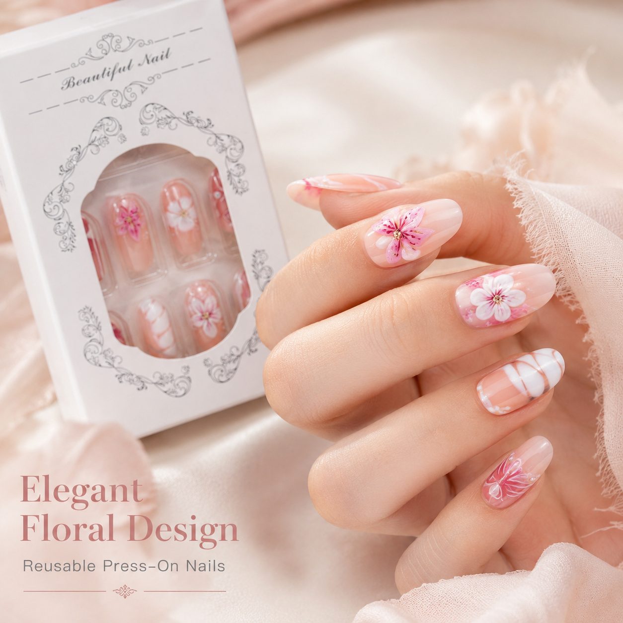 Hand close-up wearing elegant floral press-on nails with pink flower patterns, glossy nude base, reusable design and soft salon-inspired manicure style.