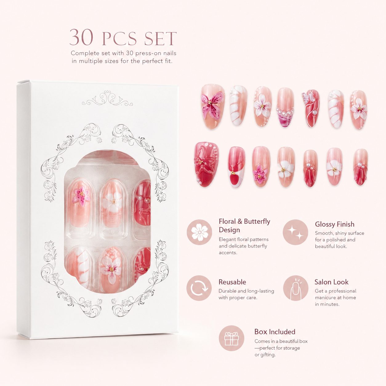 30 PCS floral and butterfly press-on nails set with glossy finish, reusable nail tips, multiple sizes, elegant box packaging and salon-style manicure design.