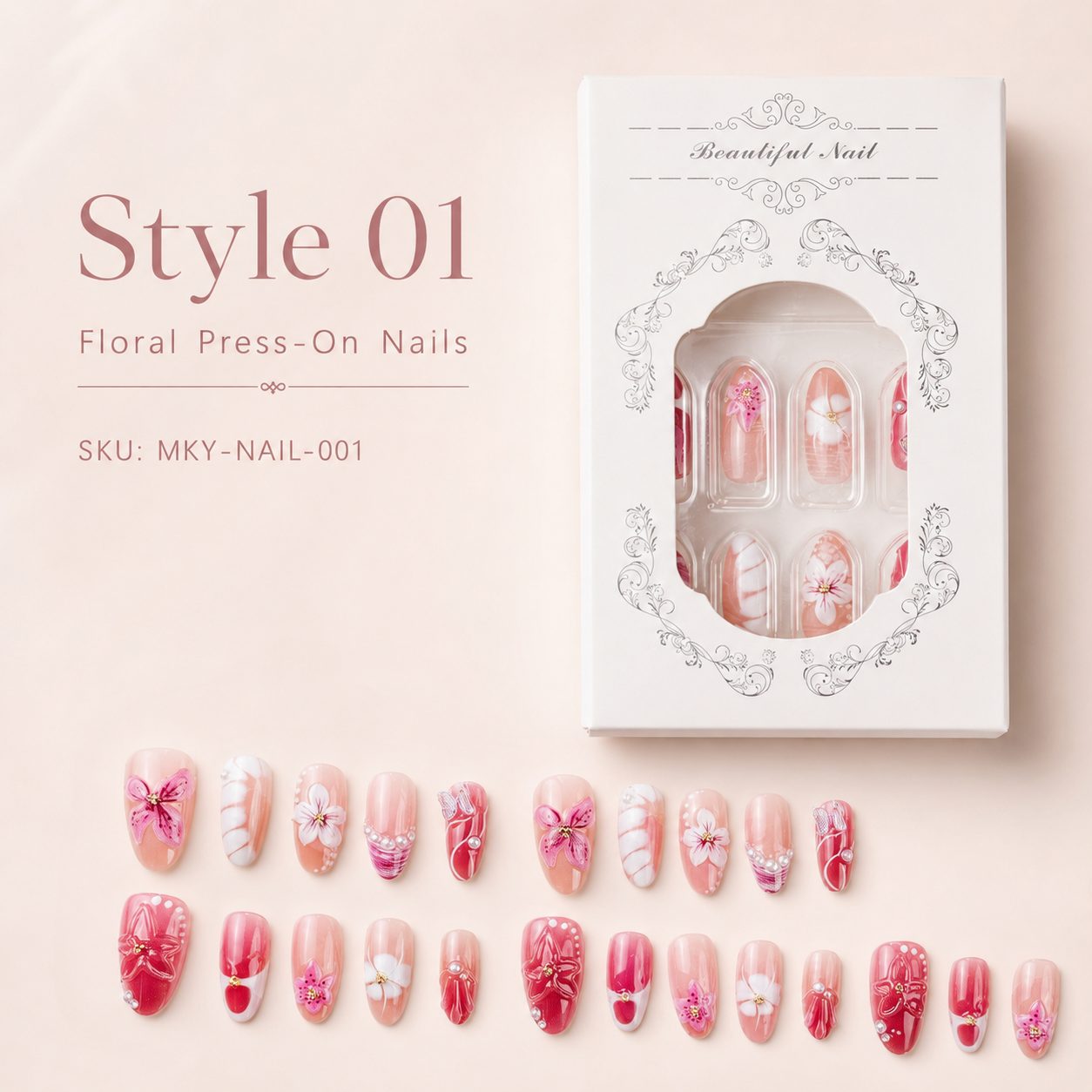 Style 01 floral press-on nails set with pink flower and butterfly designs, glossy finish, elegant white packaging box, reusable nail tips and SKU MKY-NAIL-001.