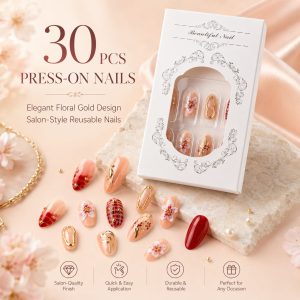 30 pcs elegant floral gold press-on nails set with red nude glossy designs and luxury packaging