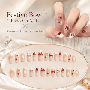festive bow press on nails 30 PCS almond reusable false nails with glossy nude base, red bows, red stars, white French tips and rhinestone details.