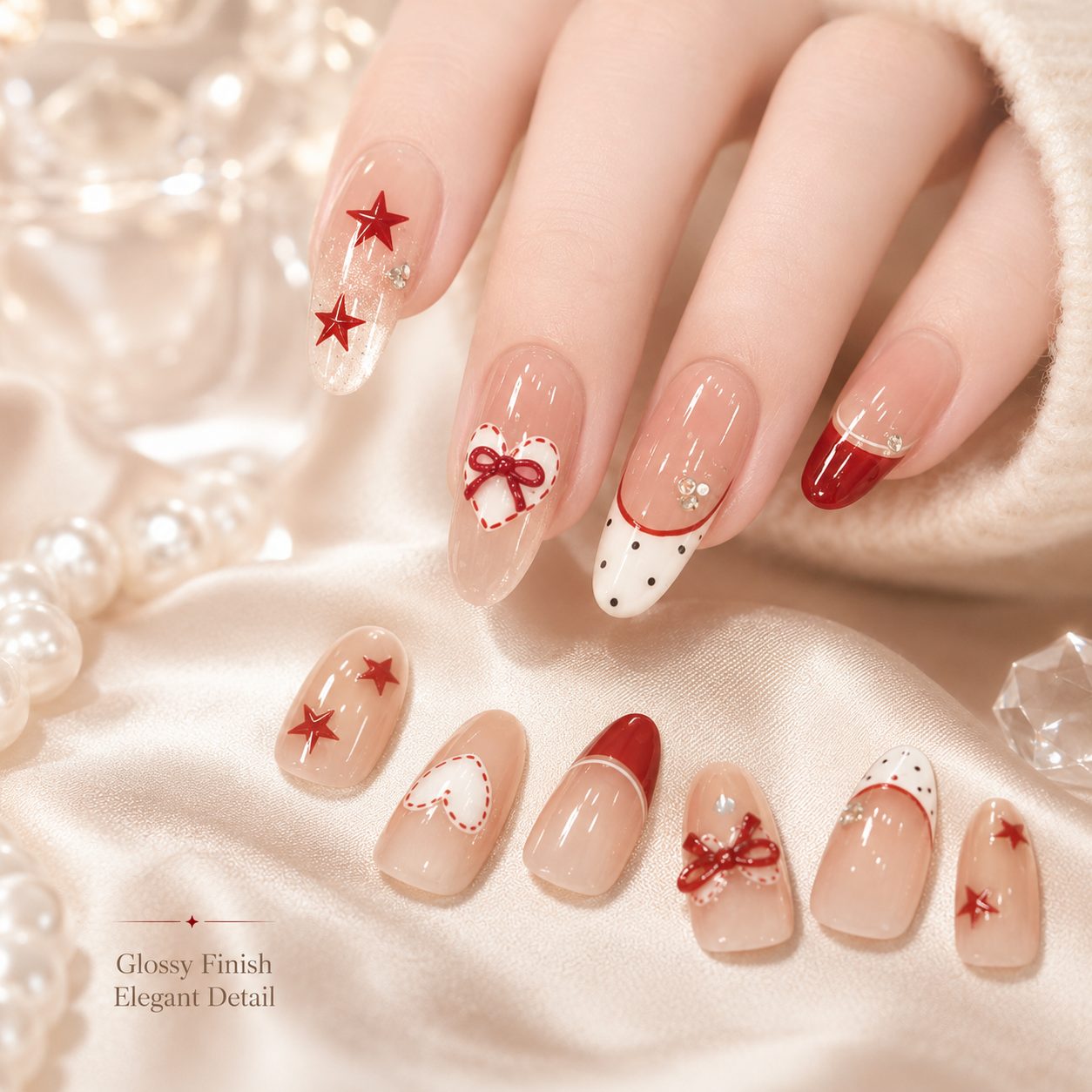 Elegant display of festive bow press-on nails with red star details, glossy finish, reusable design and salon look for holiday styling.