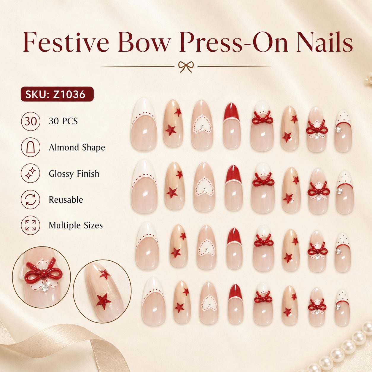 Festive Bow press-on nails SKU Z1036, 30 pcs almond shape reusable glossy false nails with red bow, red star, white French tip and rhinestone details.