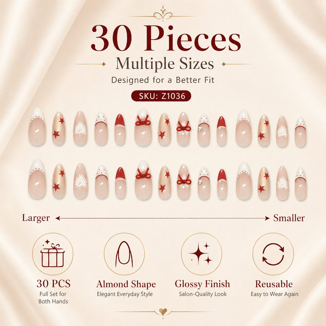 30 pcs festive bow press-on nails in multiple sizes, almond shape false nails designed for a comfortable fit and glossy salon-quality look.
