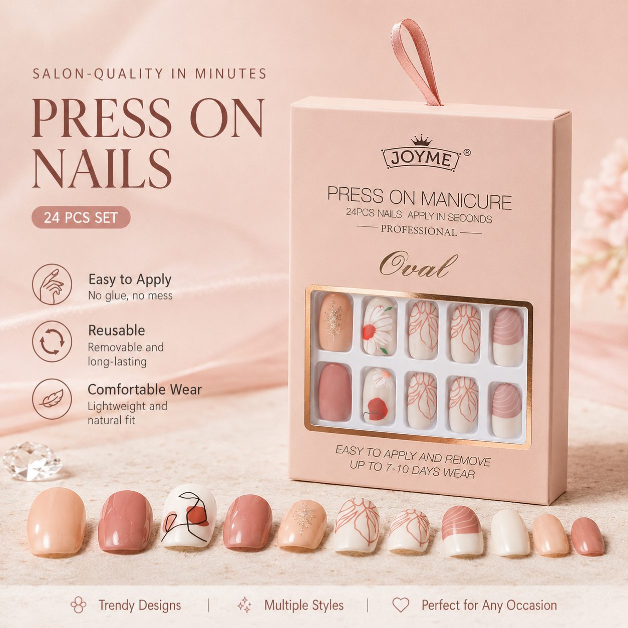 Press on nails 24PCS display image featuring elegant pink packaging, glossy false nails and easy-to-apply reusable manicure design for women.