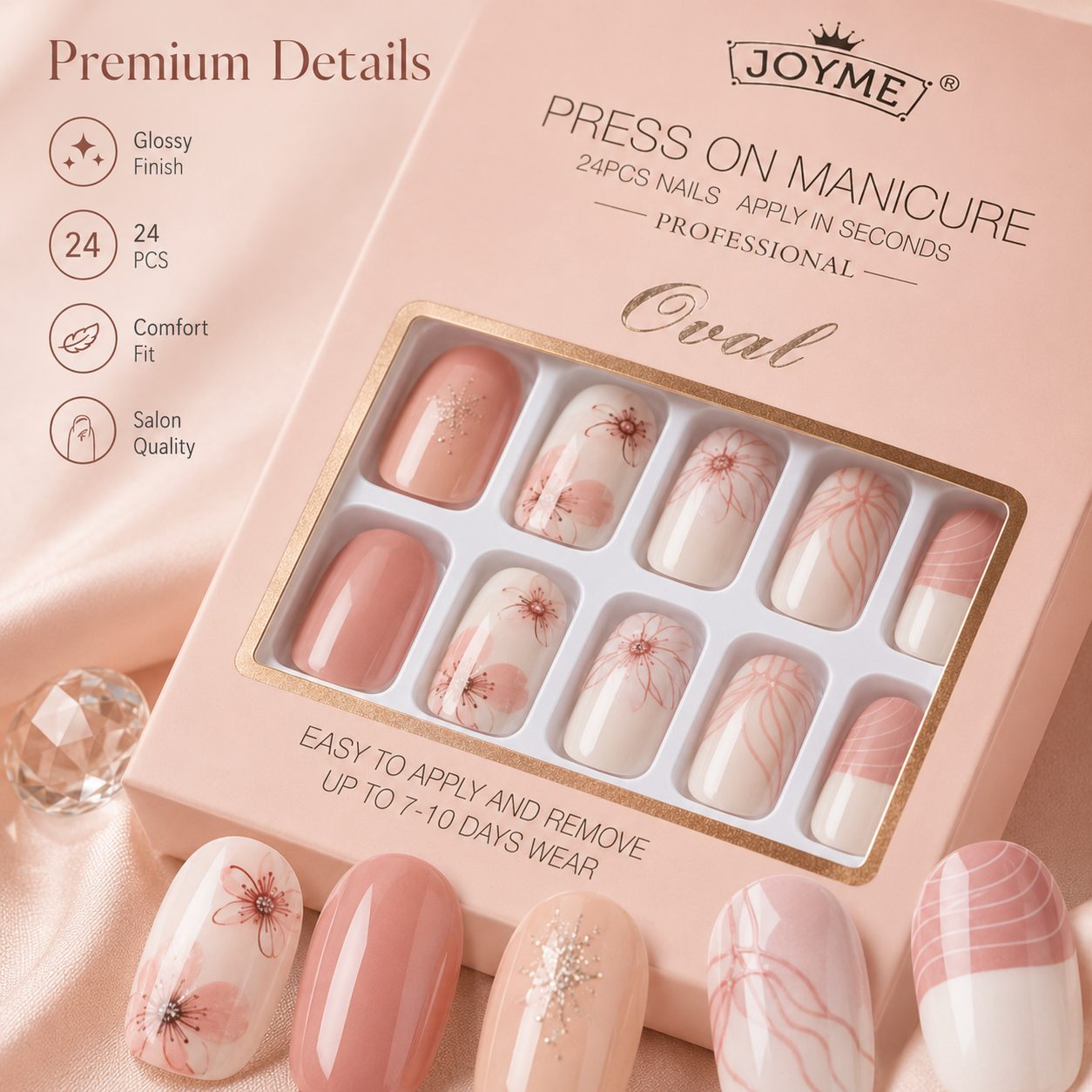 Close-up detail of press on nails with glossy finish, floral patterns, comfortable fit and salon-quality design for quick at-home manicure.