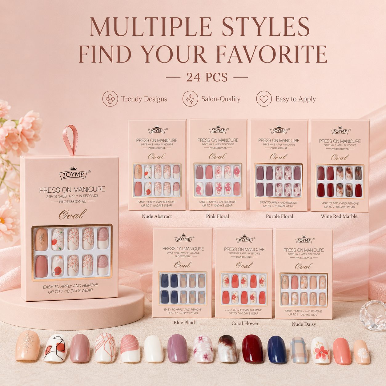 Multiple styles press on nails 24PCS collection featuring pink gradient, nude daisy, blue plaid, wine red marble, purple floral, nude abstract and coral flower designs.