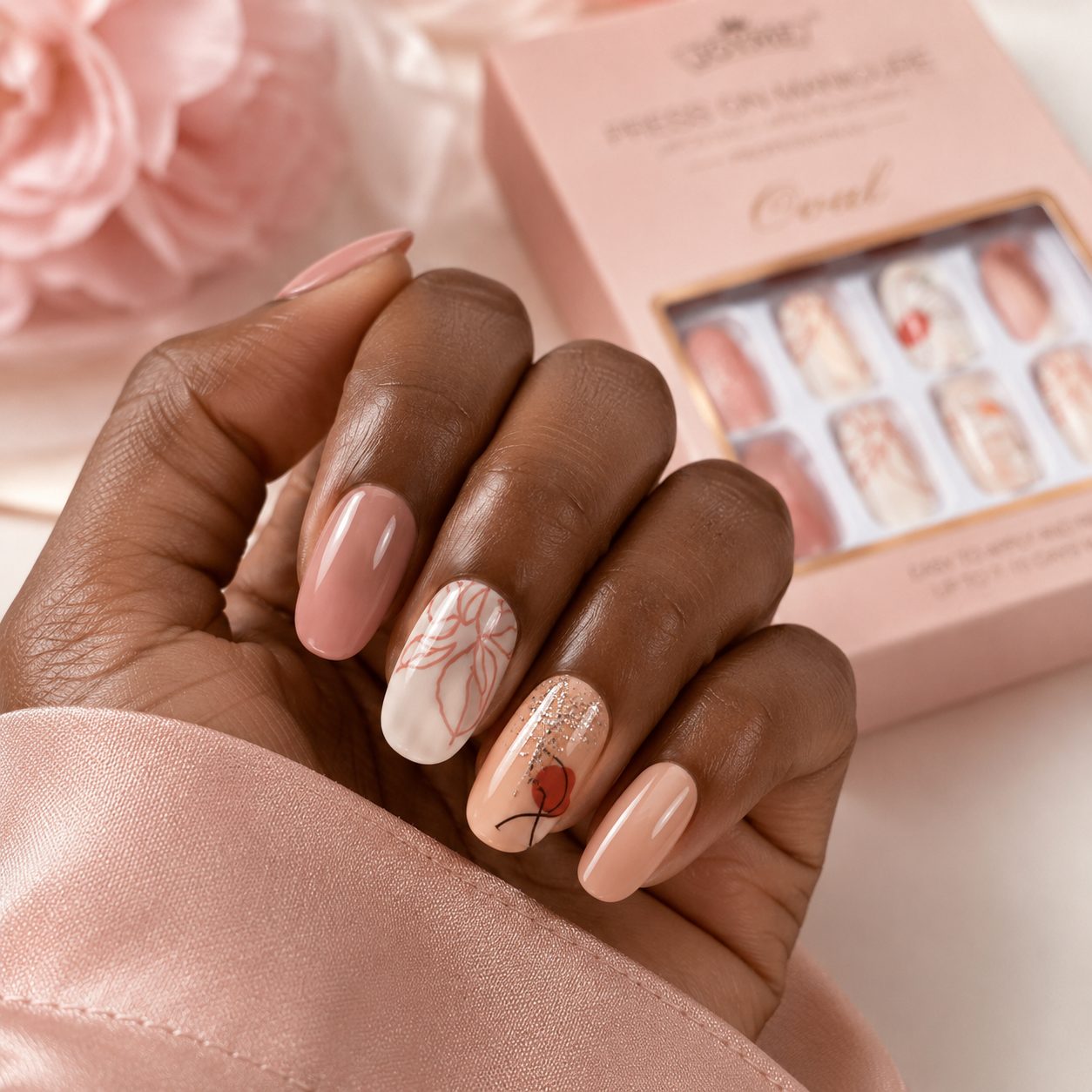 Dark skin tone hand wearing elegant nude and floral press on nails with glossy finish, shown in a luxury close-up manicure product photo.