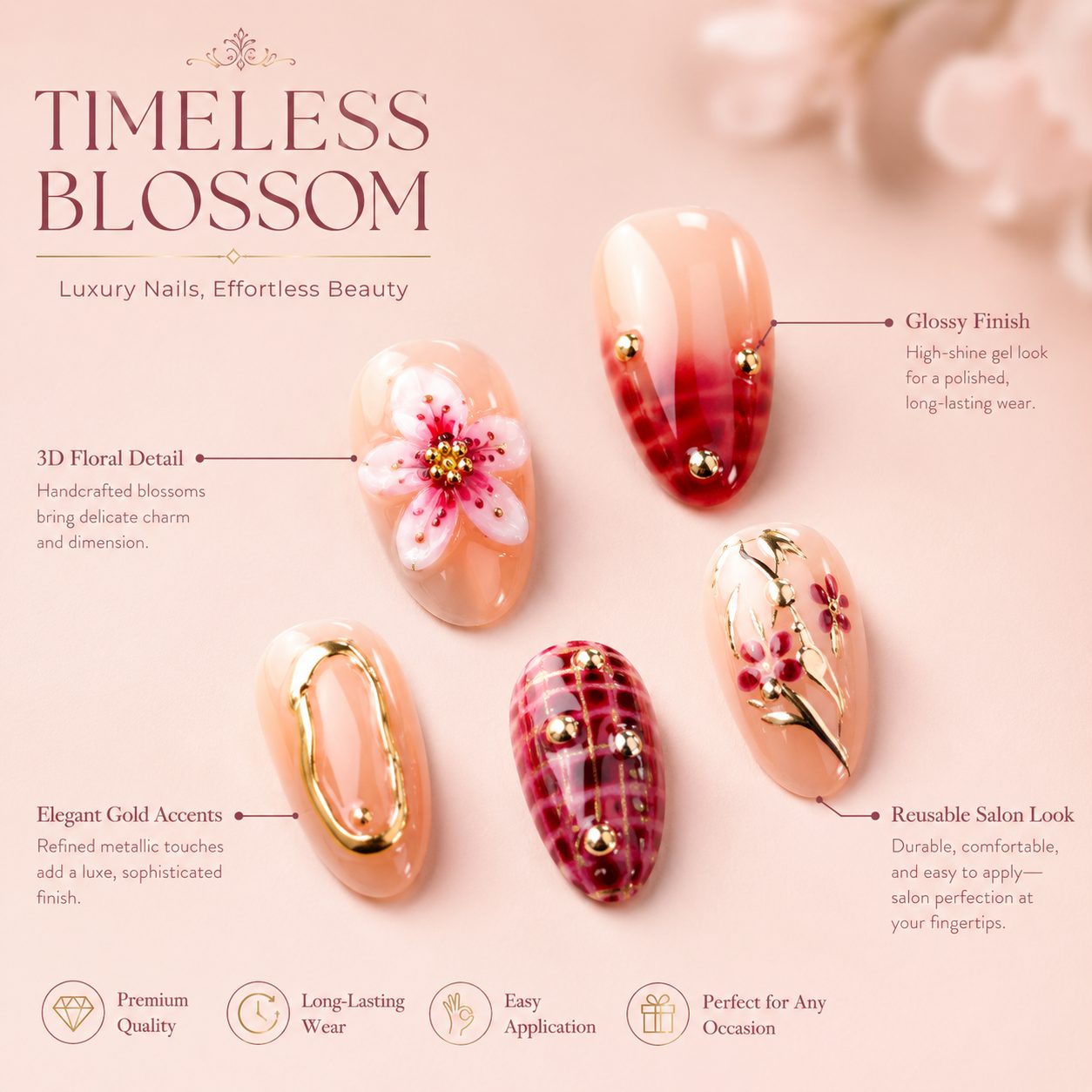 Close-up detail of glossy floral press-on nails with gold accents, red plaid design, and 3D blossom decoration