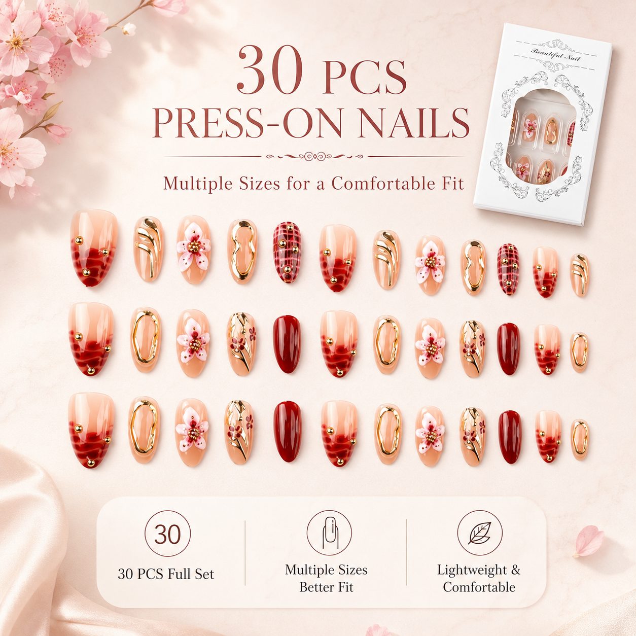 30 pcs press-on nails full set with multiple sizes for a comfortable fit and reusable salon-style manicure