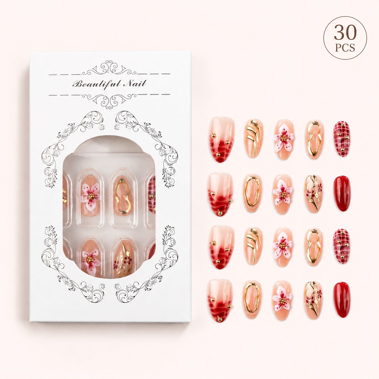 30 pcs red floral gold press-on nails set with nude glossy base, plaid accent nails, 3D flower details, and elegant packaging