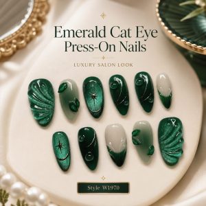 Emerald green cat eye press on nails 24 pcs set with glossy finish, 3D leaf design, gold accents and luxury salon look on beige satin background.