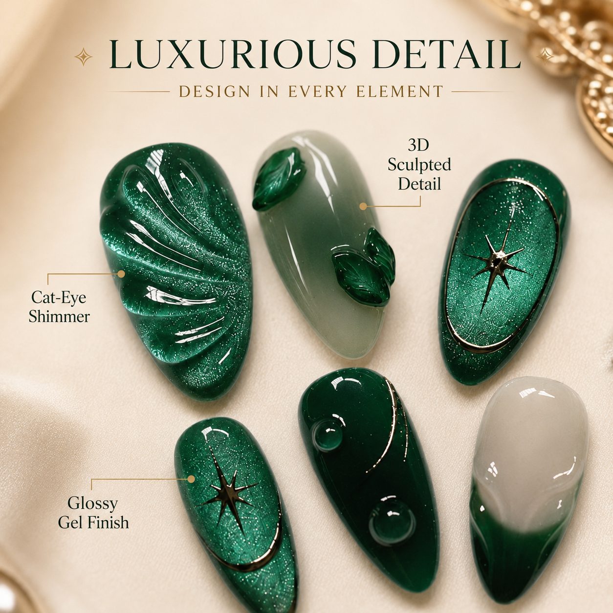W1970 emerald green press on nails 24 pcs reusable set with almond shape, glossy cat eye shimmer, 3D leaf accents and multiple nail sizes.