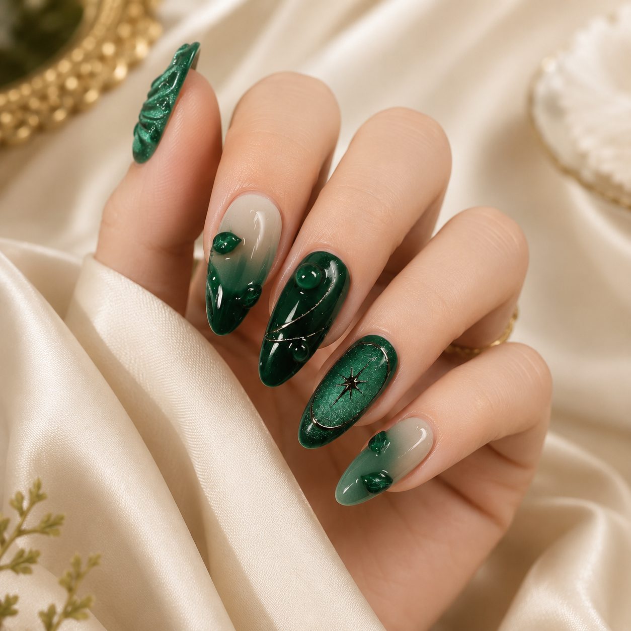 Light skin tone hand wearing emerald green cat eye press on nails with glossy finish, 3D leaf accents, gold star detail and elegant luxury nail design.