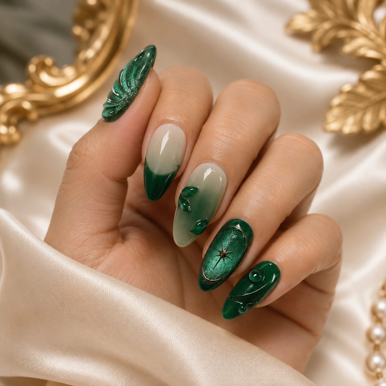 Emerald Green Press On Nails Hand Close Up