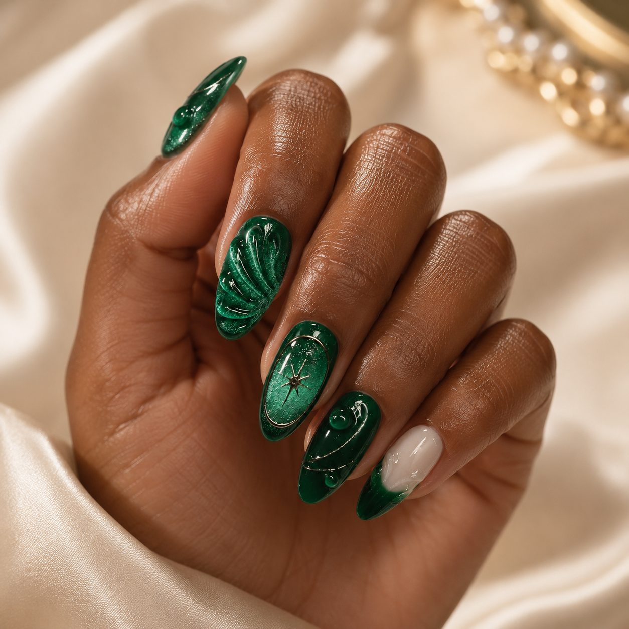 Dark skin tone hand wearing emerald green cat eye press on nails with glossy finish, metallic shimmer, 3D texture, gold accents and elegant salon look.