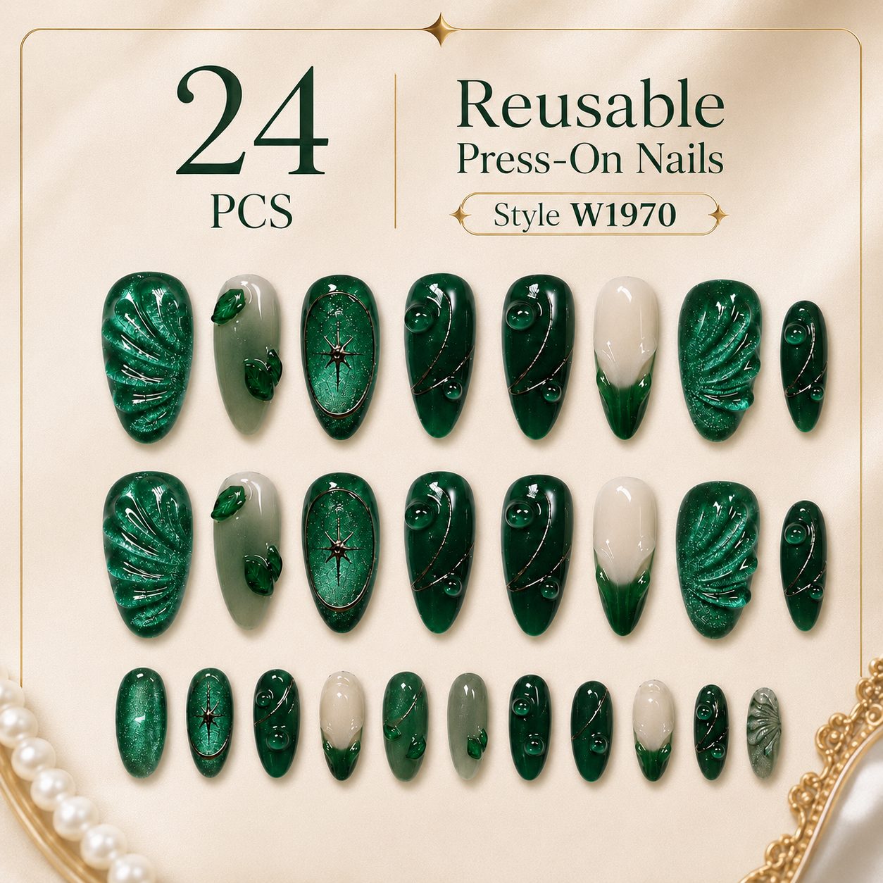 W1970 emerald green press on nails 24 pcs reusable set with almond shape, glossy cat eye shimmer, 3D leaf accents and multiple nail sizes.