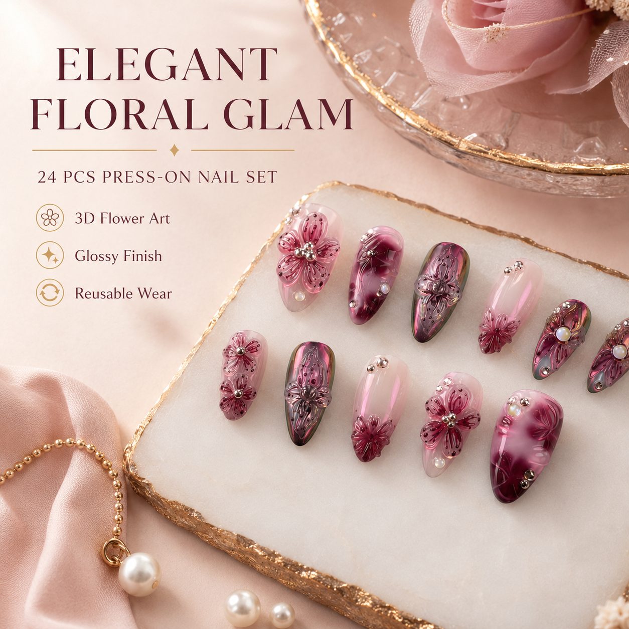 Luxury 3D floral press on nails in burgundy pink glossy finish with rhinestone accents, style Z1088.