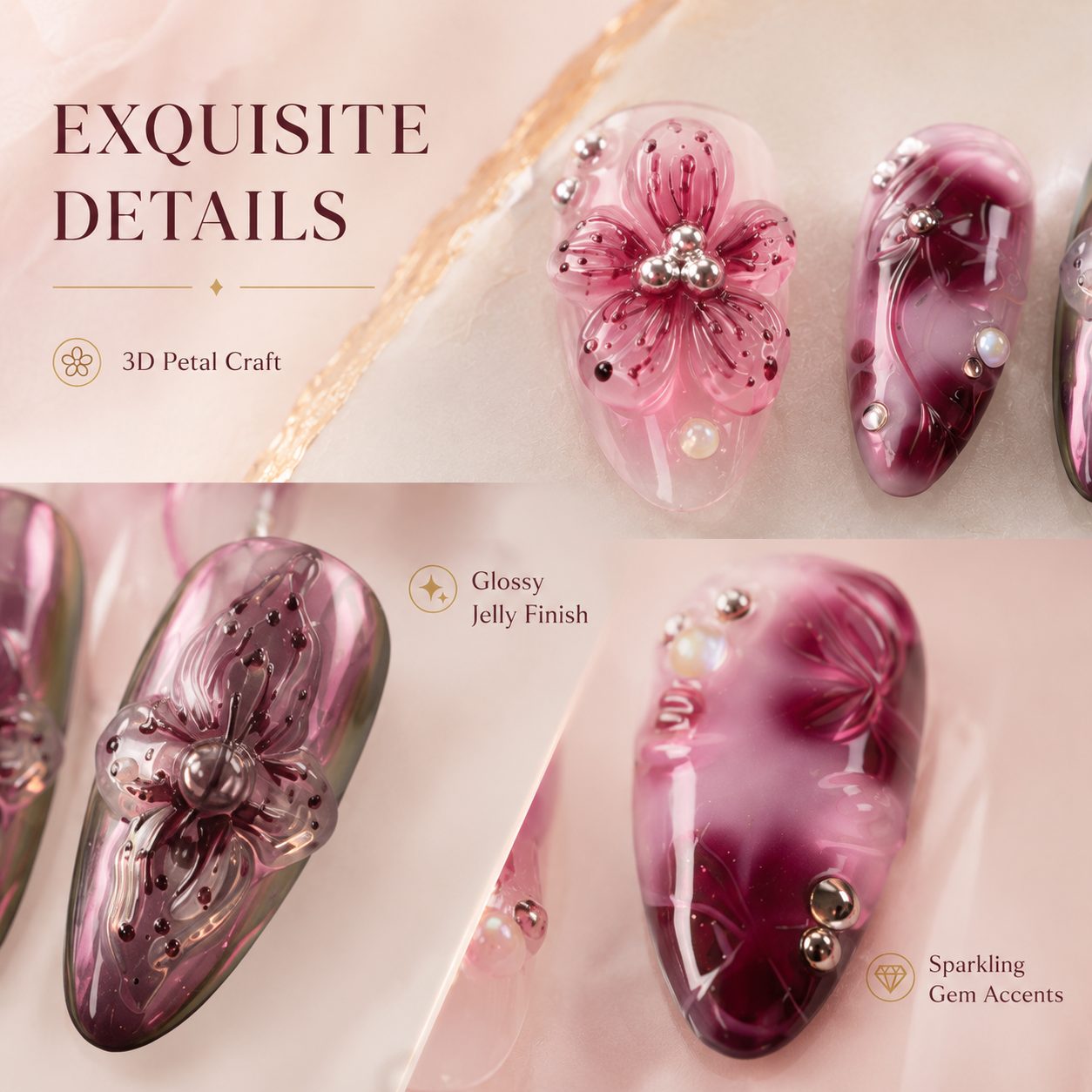 Close-up of 3D floral press on nails with glossy jelly finish, pearl details and sparkling gem accents.