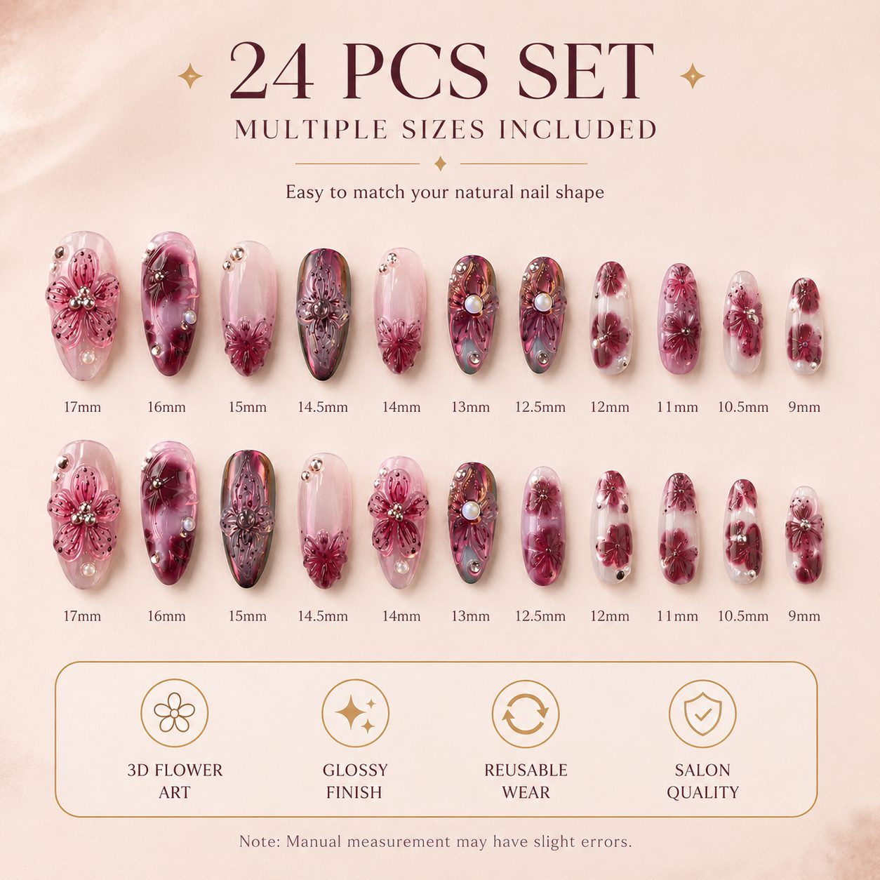 24 pcs press on nails arranged by multiple sizes with glossy floral art, reusable design and salon quality finish.