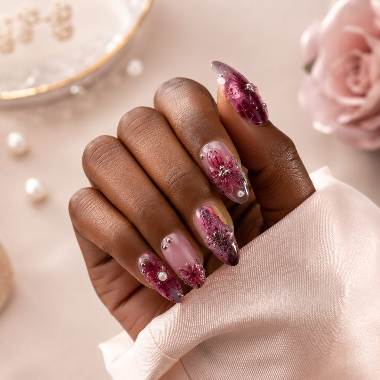 Dark skin hand wearing burgundy pink floral press on nails with glossy finish, 3D petals and pearl accents.