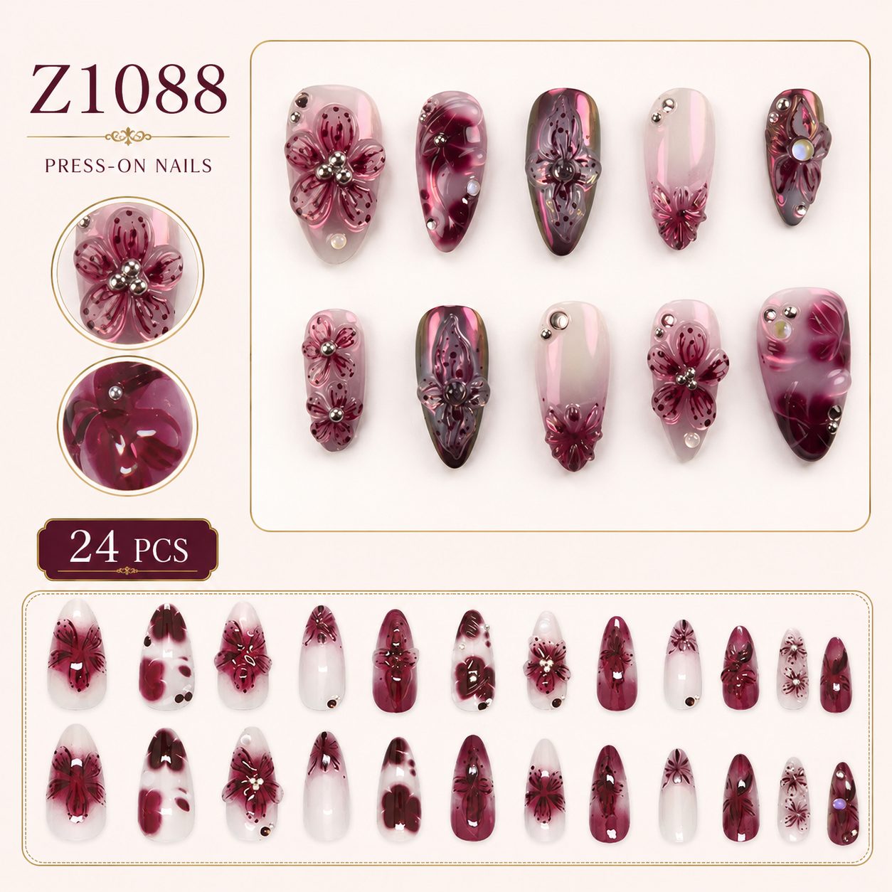 3D Floral Press On Nails Z1088 – 24 PCS Luxury Burgundy Pink Nail Set - Image 7