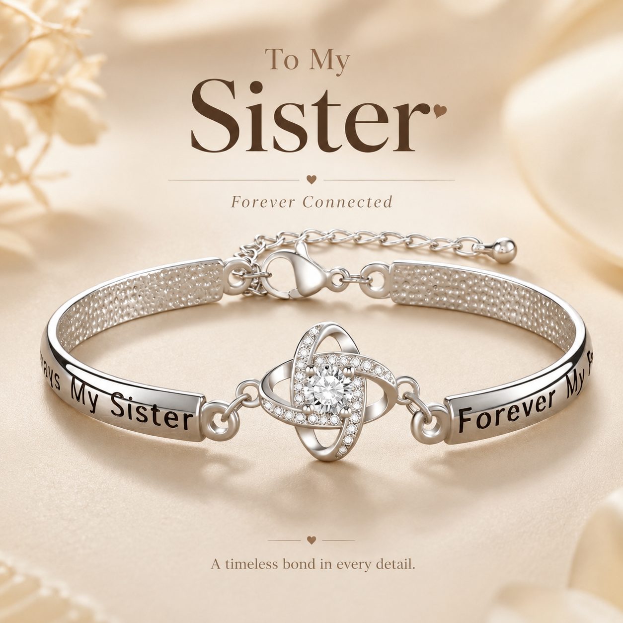 To My Sister silver bracelet with sparkling CZ center, engraved message, and adjustable chain for sister gift