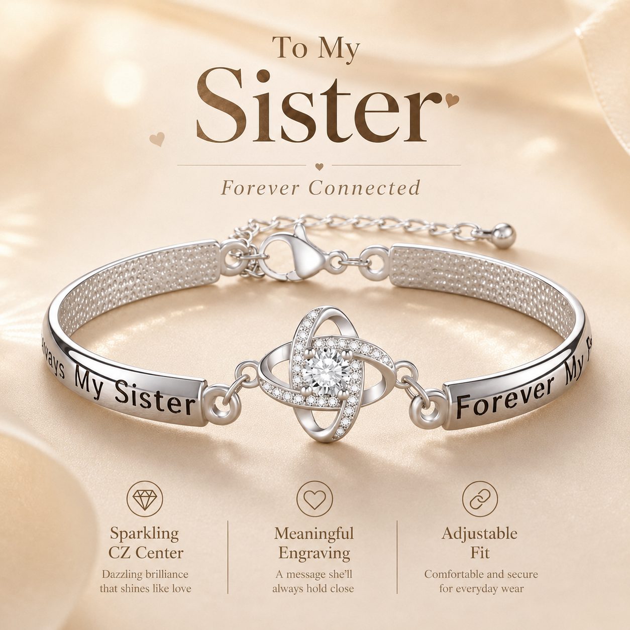 Elegant silver sister bracelet with CZ center, meaningful engraving, and adjustable fit on luxury beige background