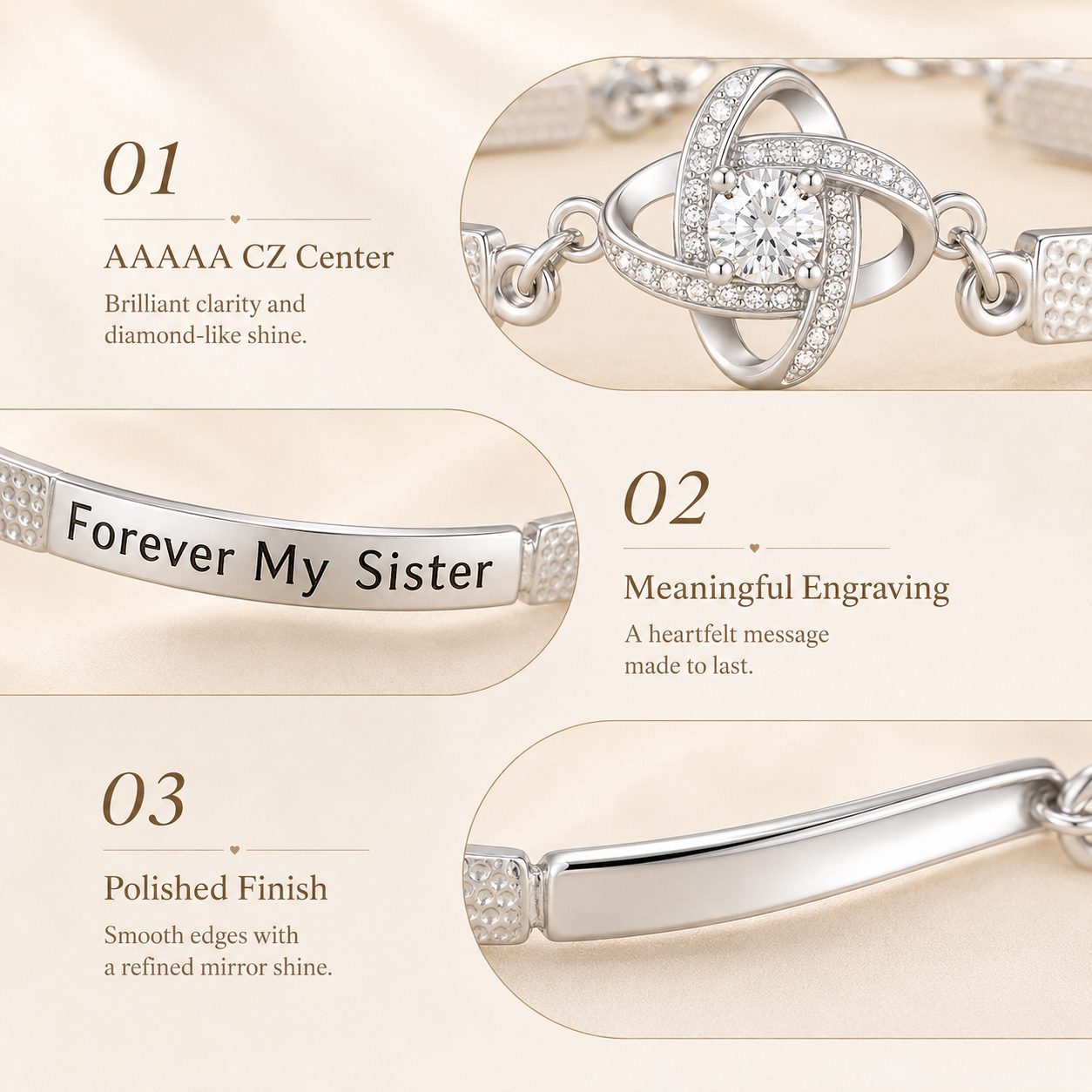 Close-up details of silver sister bracelet showing AAAAA CZ center, Forever My Sister engraving, and polished finish