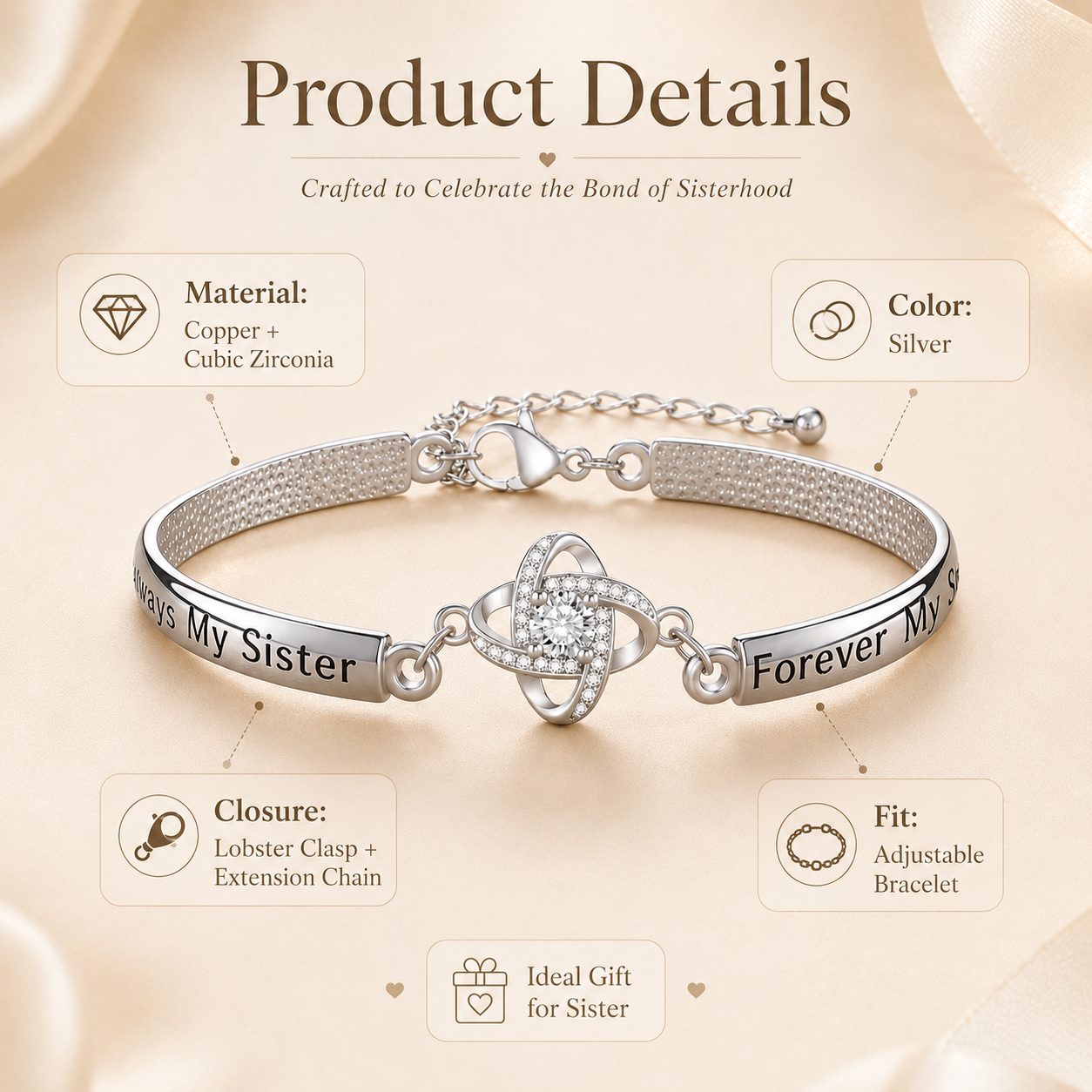 Product details for silver To My Sister bracelet with copper, cubic zirconia, lobster clasp, and adjustable chain