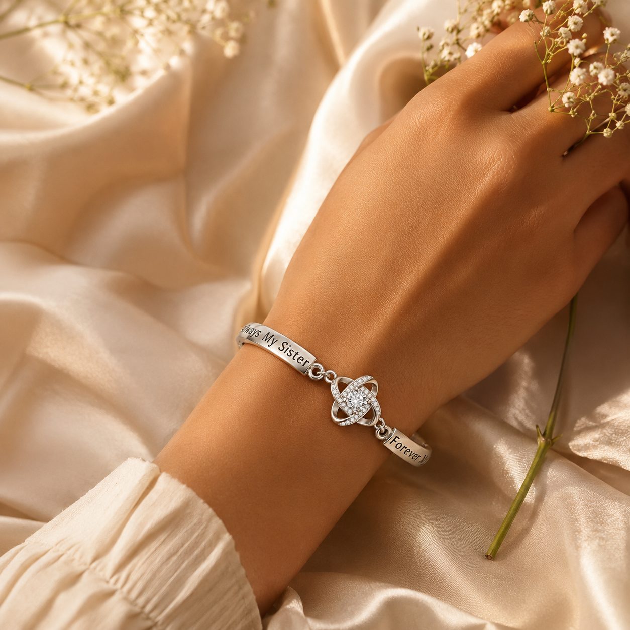 Tan skin tone hand wearing silver sister bracelet with engraved message and CZ centerpiece in luxury lifestyle scene