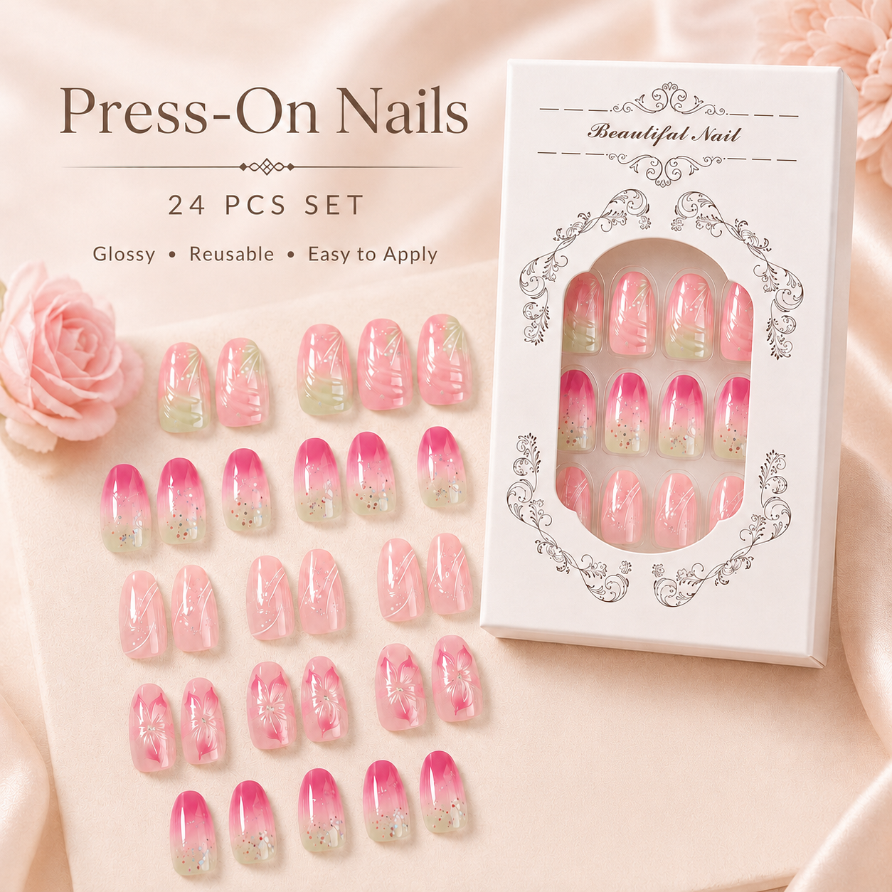 pink floral press on nails 24 pcs set with glossy finish and elegant packaging box