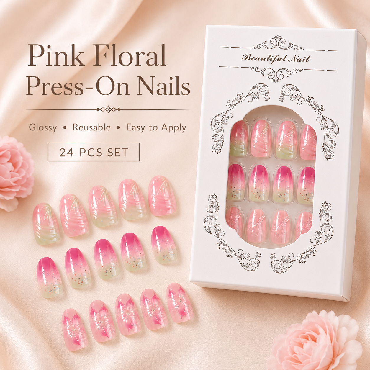 pink floral press on nails displayed with white gift box on soft blush luxury background
