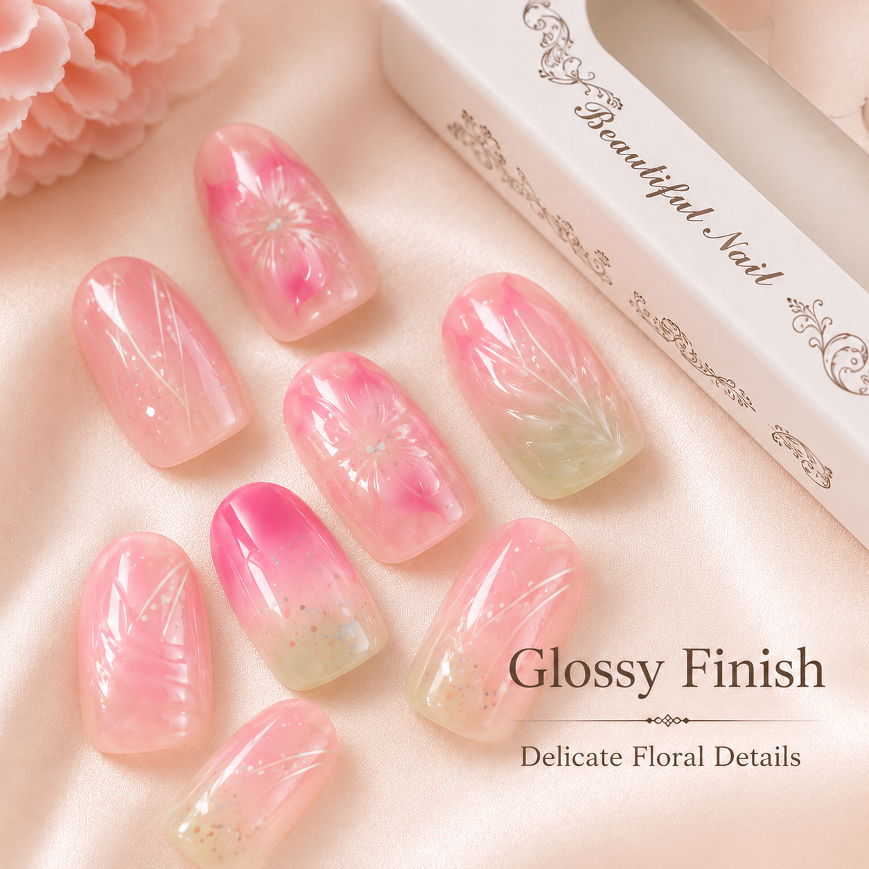 pink floral press on nails close up showing glossy floral details and shimmer accents