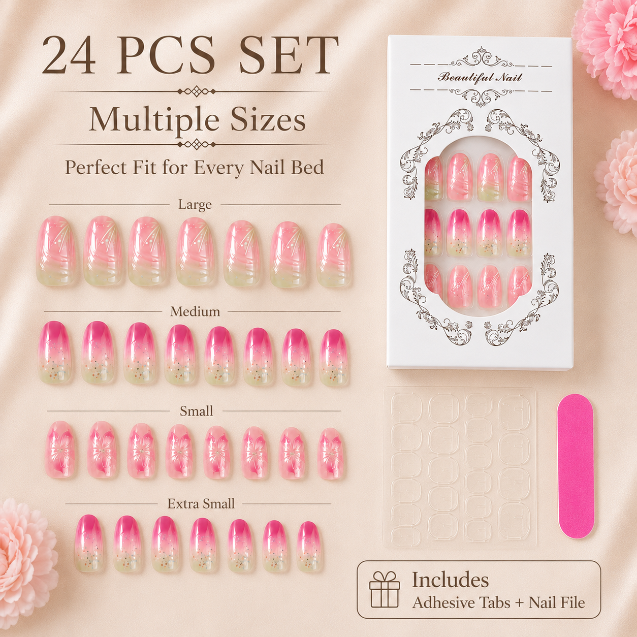 pink floral press on nails 24 pcs set with multiple sizes adhesive tabs and nail file