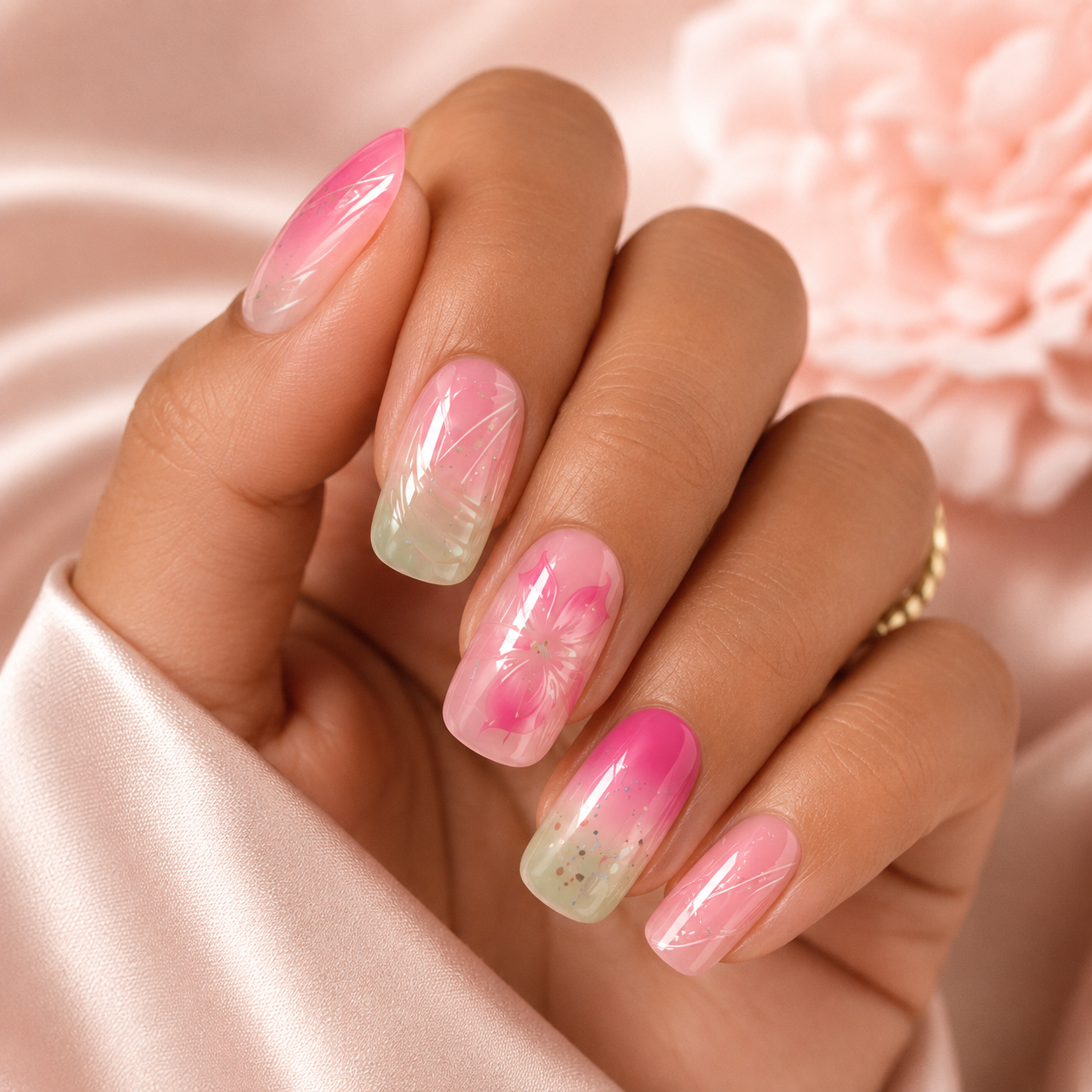 pink floral press on nails worn on medium skin tone hand with soft glossy floral design