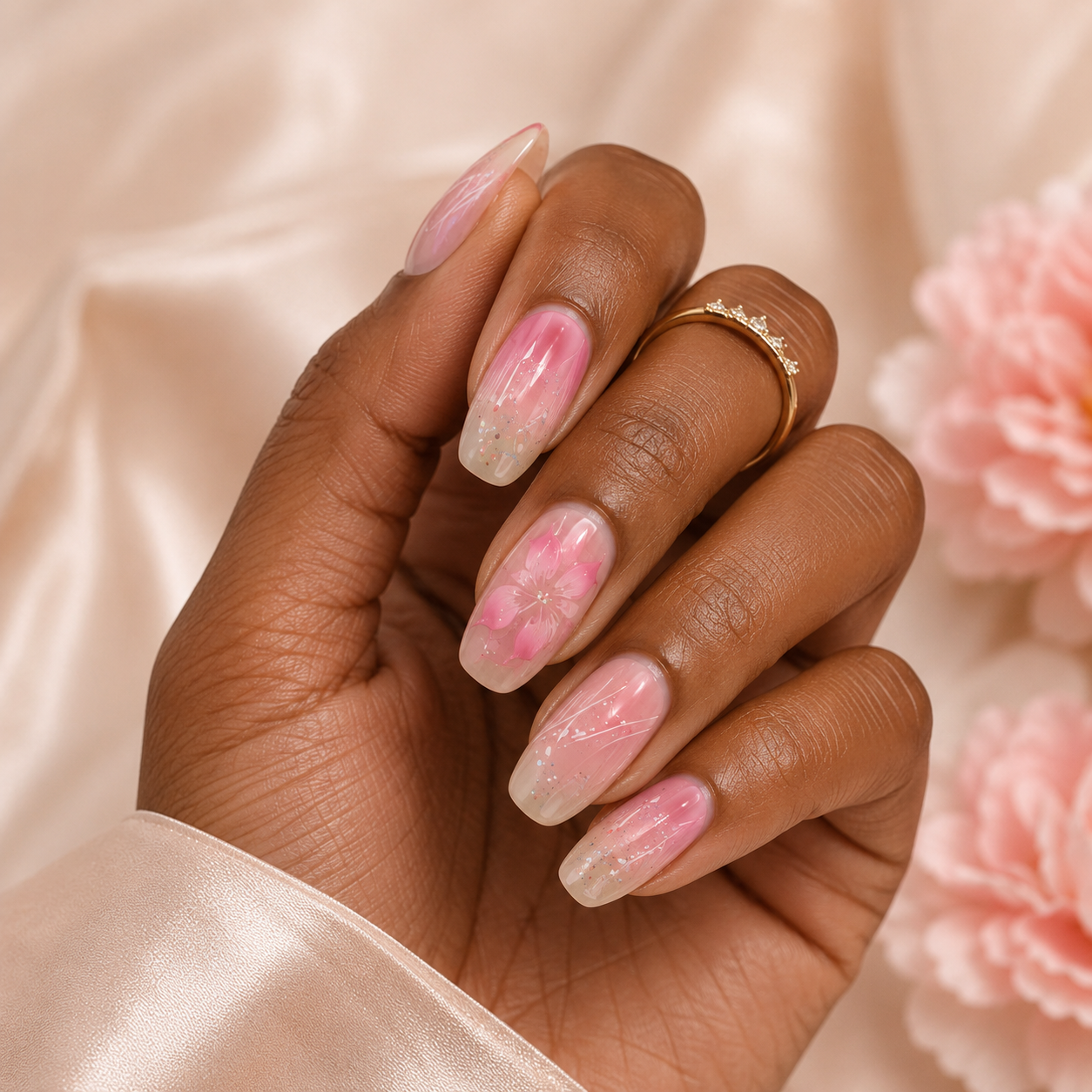 pink floral press on nails worn on deep skin tone hand with elegant pink floral nail art