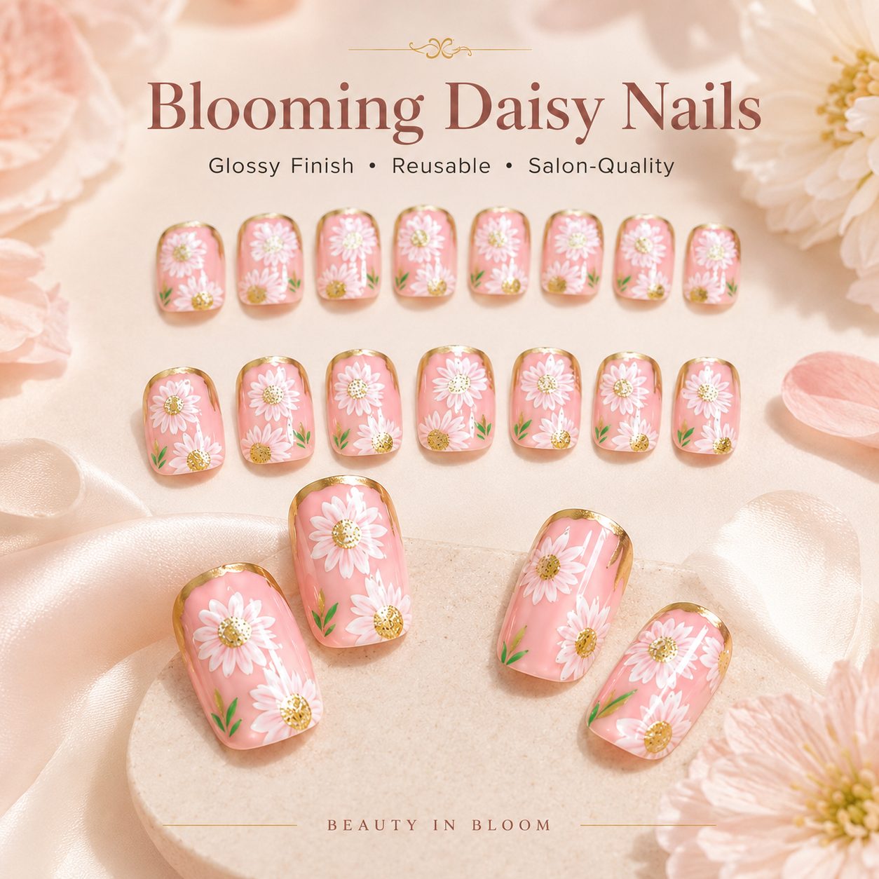 daisy press on nails 24 PCS pink floral glossy false nails with gold edge detail