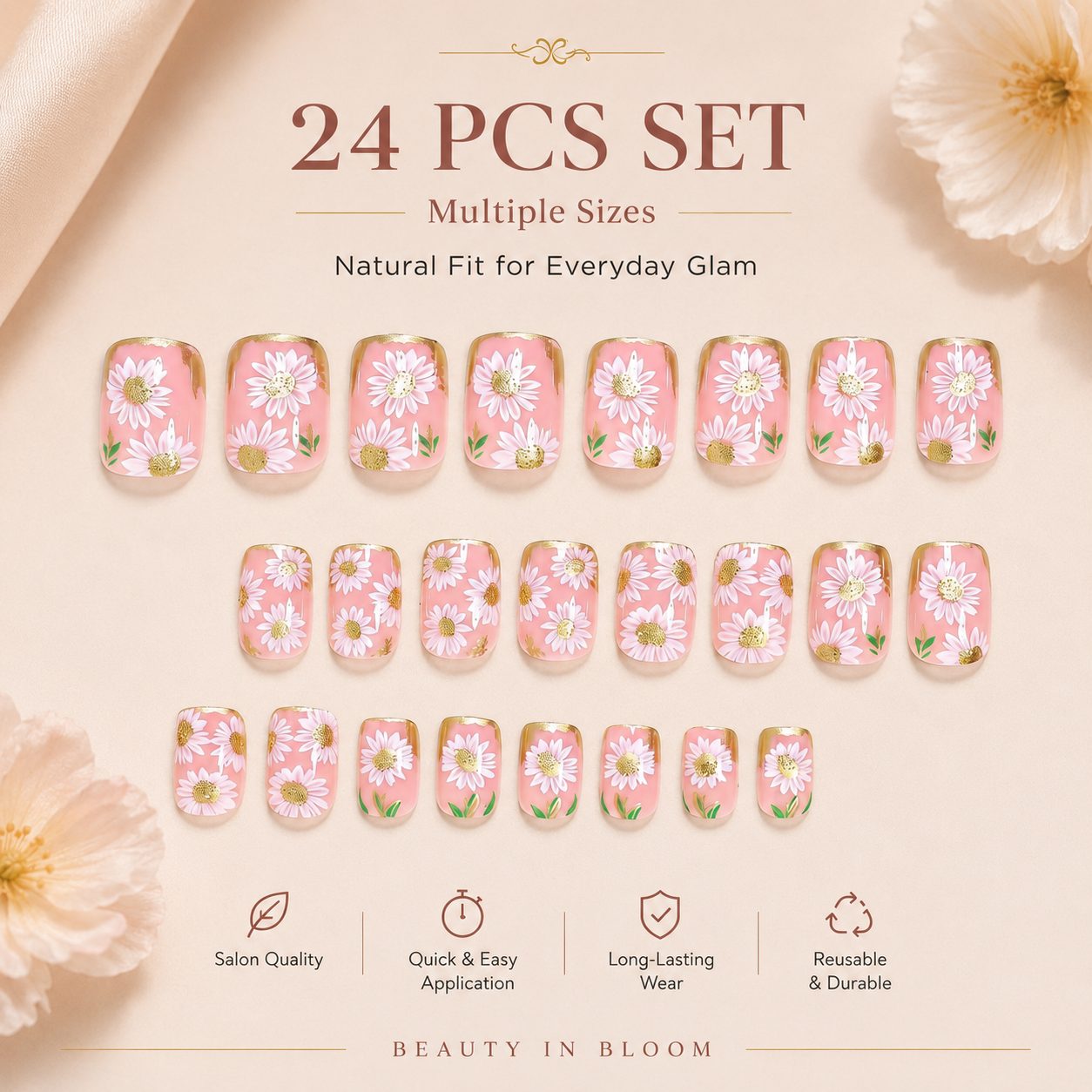 24 PCS daisy press on nails set with multiple sizes pink floral false nails