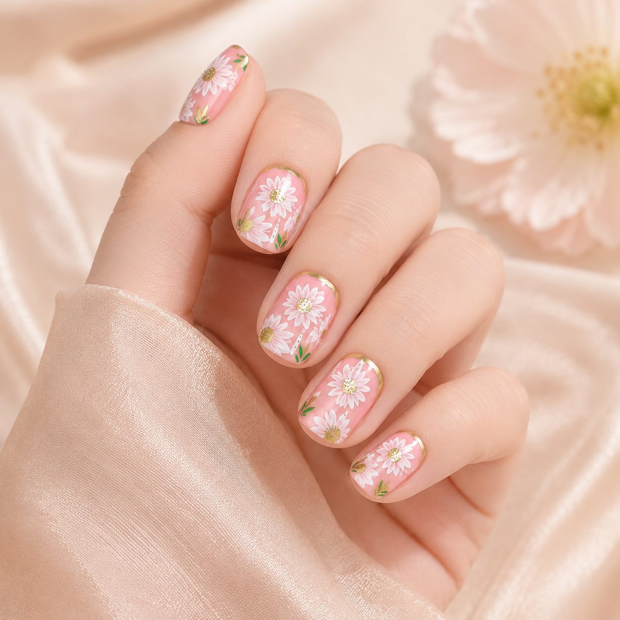 daisy press on nails worn on light skin tone hand with glossy pink floral design