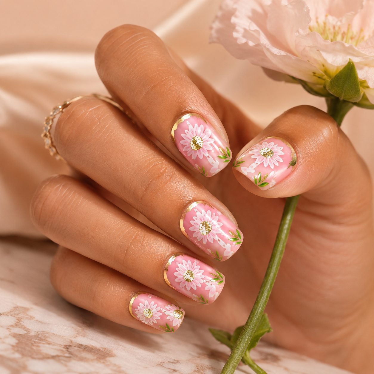 daisy press on nails worn on medium skin tone hand with pink floral gold edge design