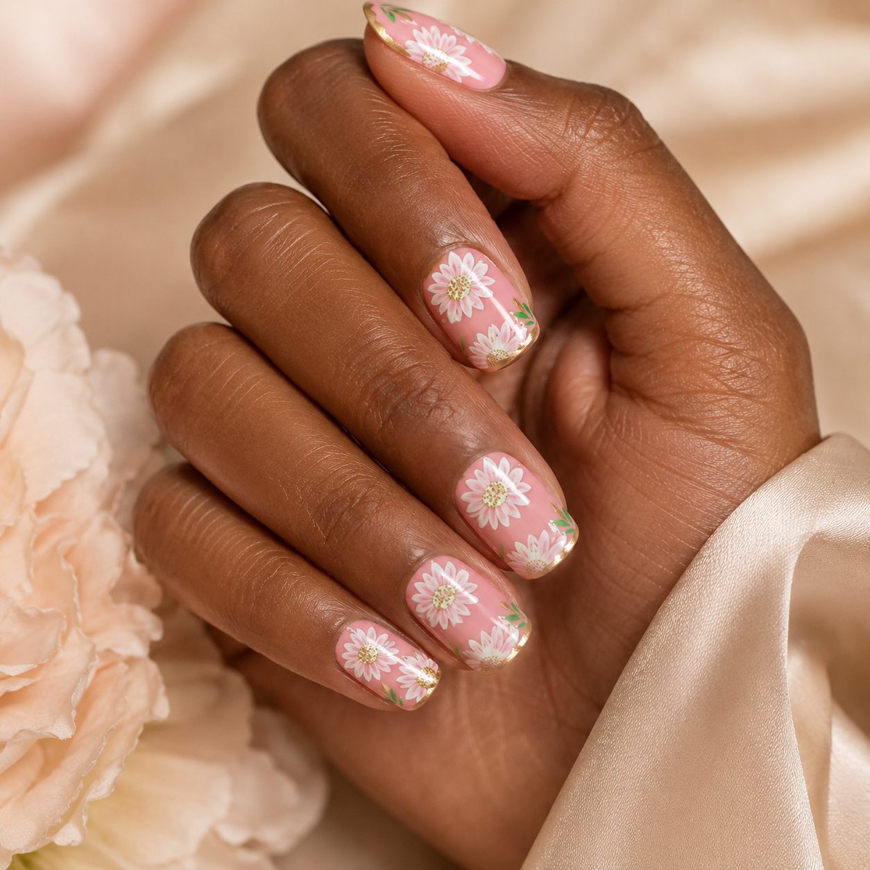 daisy press on nails worn on deep skin tone hand with glossy pink daisy floral design