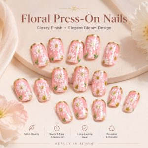 daisy press on nails 24 PCS pink floral glossy false nails with gold edge detail
