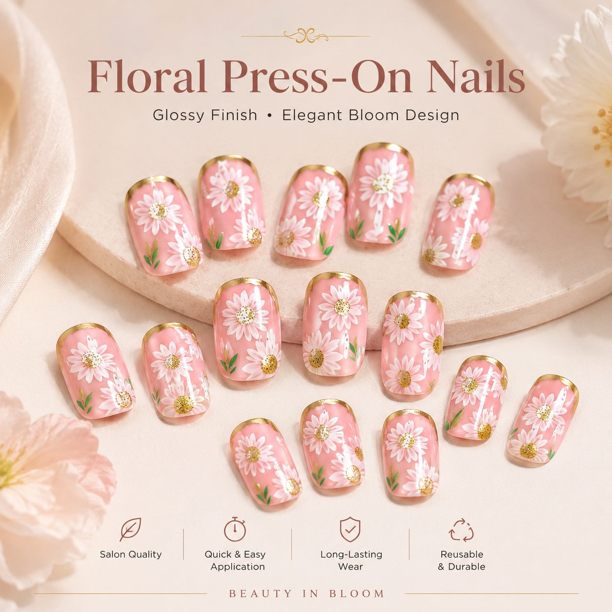 daisy press on nails 24 PCS pink floral glossy false nails with gold edge detail