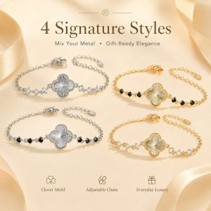 Lucky clover bracelet in gold and silver styles with black and clear stones on a luxury beige background