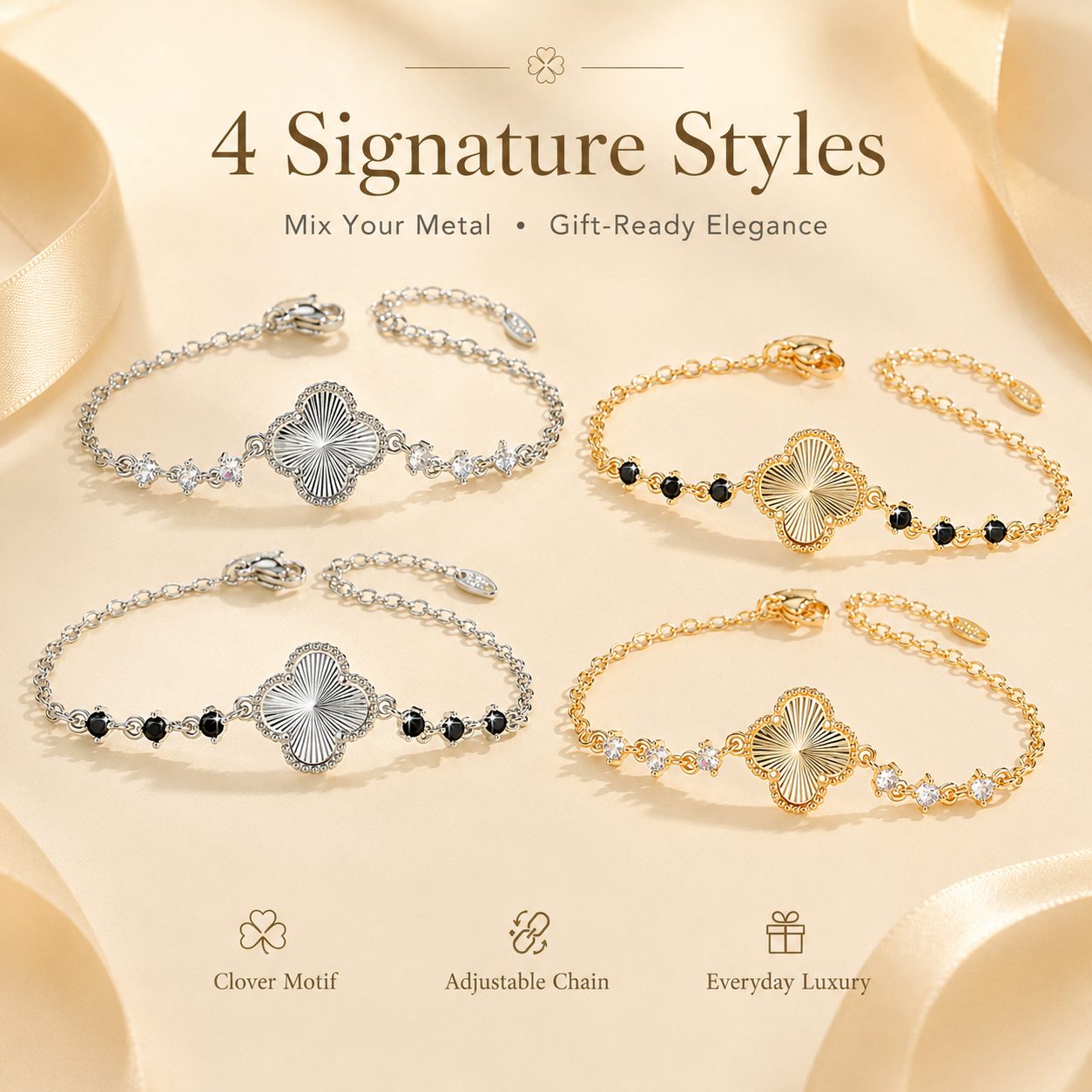 Lucky clover bracelet in gold and silver styles with black and clear stones on a luxury beige background